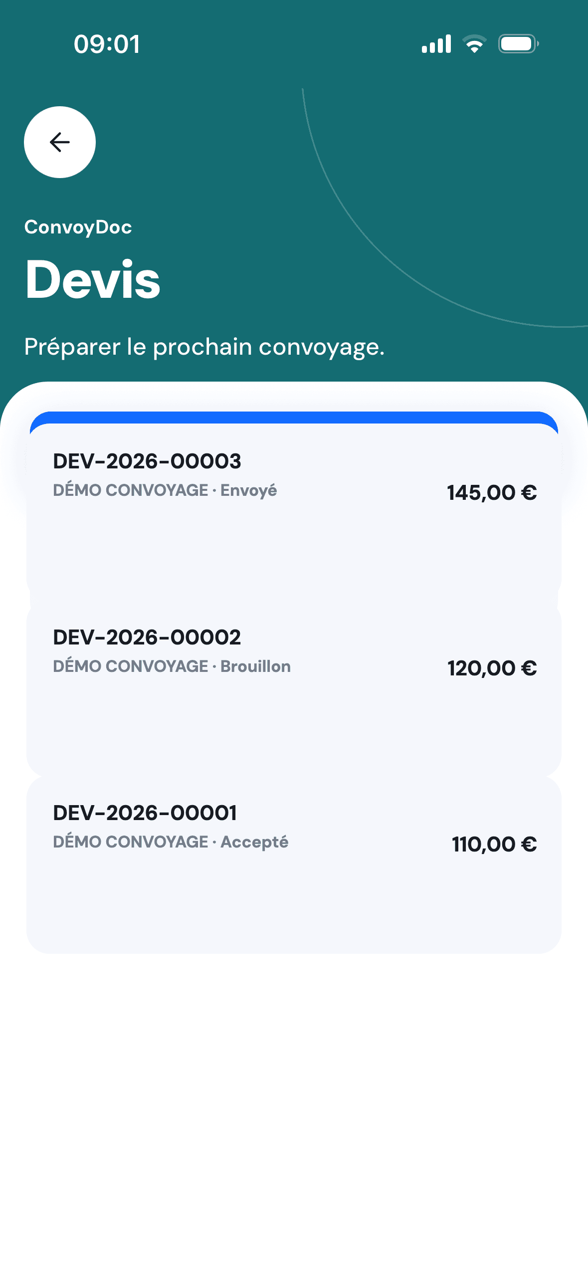 Détail d’un devis de convoyage dans ConvoyDoc